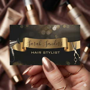 Gold Glitter & Black Glam Hair Stylist Business Card
