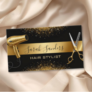 Gold Glitter & Black Glam Hair Stylist  Business Card