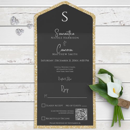 Gold Glitter  Black Glam Modern QR Code  All In One Invitation