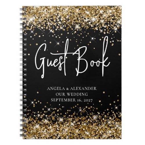 Gold Glitter Black Glam Wedding Guestbook Notebook