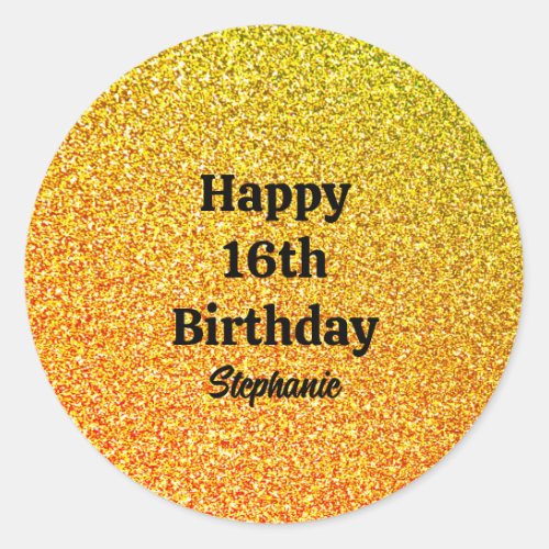 Gold Glitter Black Happy 16th Birthday Custom Name Classic Round Sticker