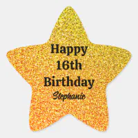 Gold Glitter Black Happy 16th Birthday Custom Name Star Sticker