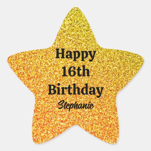 Gold Glitter Black Happy 16th Birthday Custom Name Star Sticker