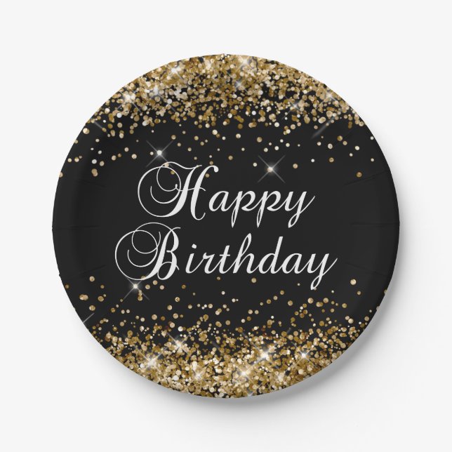 Gold Glitter Black Happy Birthday Paper Plates (Front)