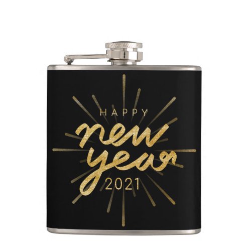 Gold Glitter Black Happy New Year 2021 Flask