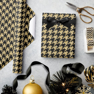 Gold Glitter & Black Houndstooth Glam Christmas Wrapping Paper