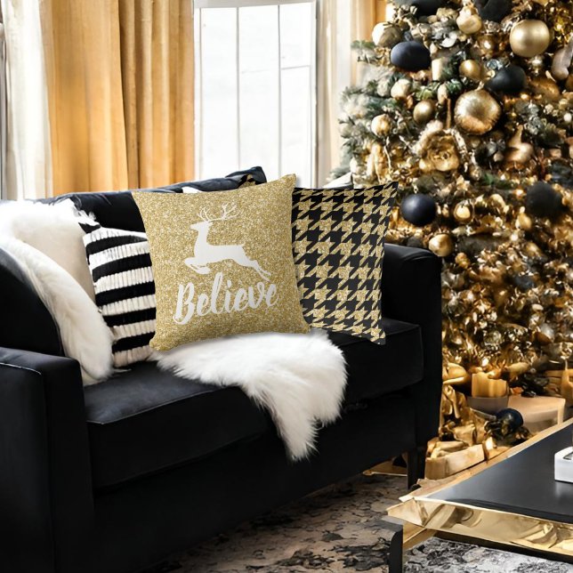 Gold Glitter & Black Houndstooth Reindeer Believe Throw Pillow (Creator Uploaded)