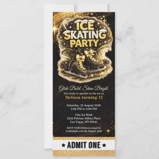 Gold Glitter Black Ice Skating Birthday Ticket  Invitation (Front)