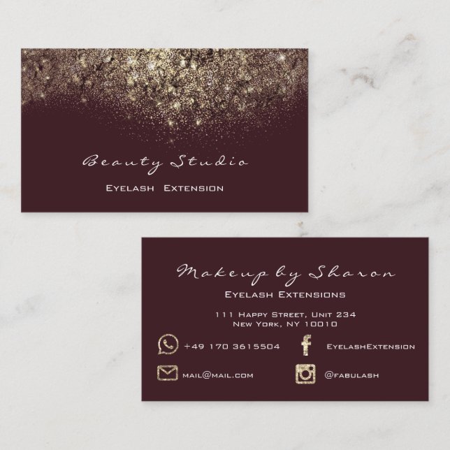 Gold Glitter Black Makeup Lash Burgundy Maroon Business Card (Front/Back)