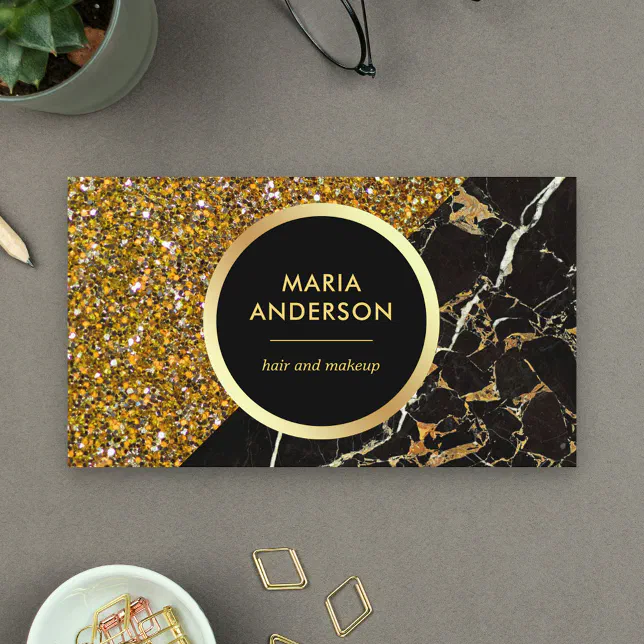 Gold Glitter Black Marble Hair Salon Makeup Artist Business Card | Zazzle