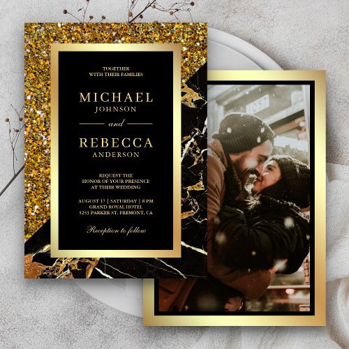 Gold Glitter Black Marble Photo Wedding Invitation