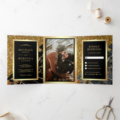 Gold Glitter Black Marble Photo Wedding Tri_Fold Invitation