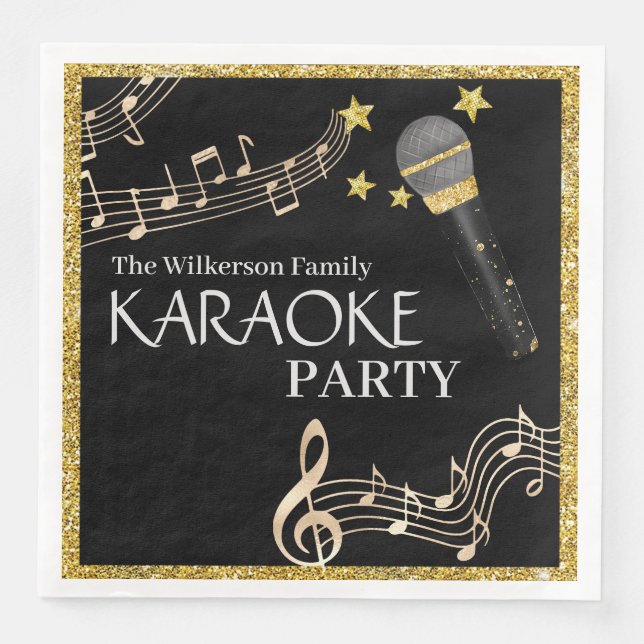Gold Glitter Black Microphone Music Karaoke Party  Paper Dinner Napkins (Front)