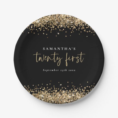 Gold Glitter Black Name Date Twenty First Party Paper Plates