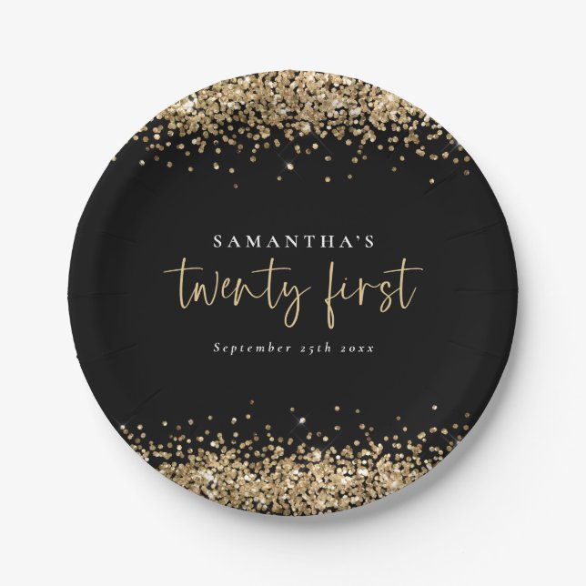 Gold Glitter Black Name Date Twenty First Party Paper Plates (Front)