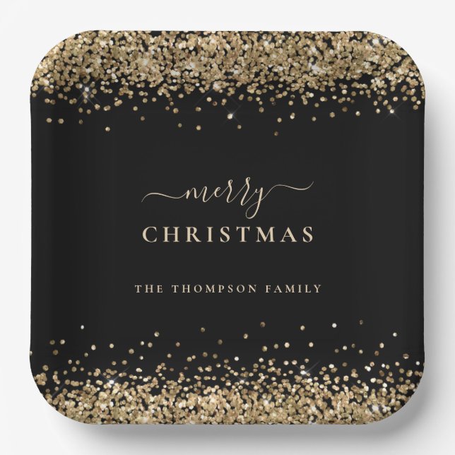 Gold Glitter Black Name Merry Christmas Paper Plates (Front)