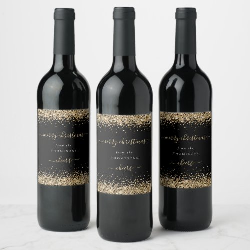 Gold Glitter Black Name Merry Christmas Wine Label