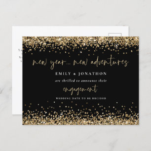 Gold Glitter Black New Adventures Engagement  Postcard