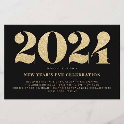 Gold Glitter Black New Years Eve Party Invitation