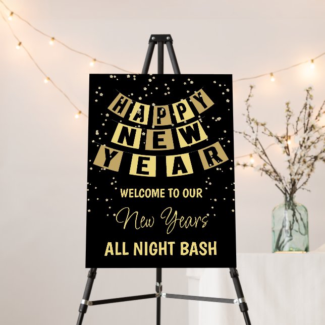 Gold Glitter Black New Year's Eve Welcome Sign (In Situ (Stand))