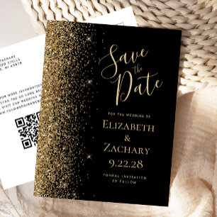 Gold Glitter Black QR Code Save the Date Announcement Postcard