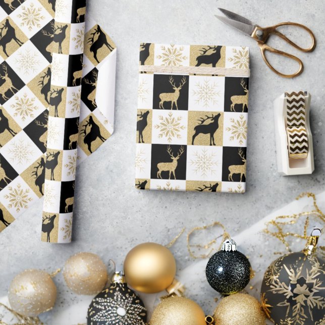 Gold Glitter Black Reindeer Snowflakes Checkered Wrapping Paper (Creator Uploaded)
