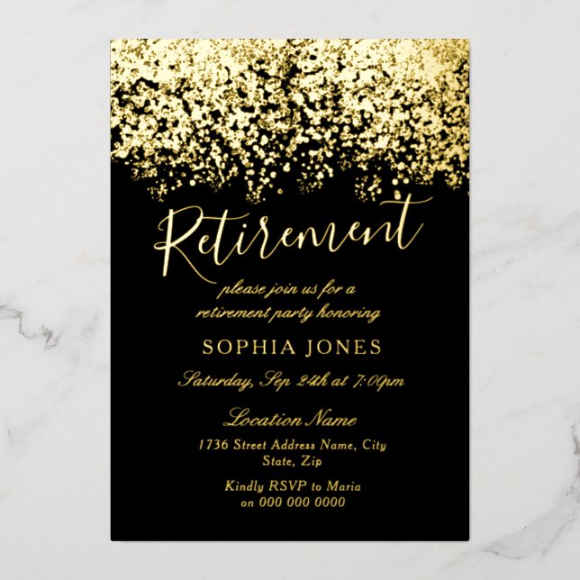 Gold Glitter Black Retirement Party Real Gold Foil Invitation (Front)