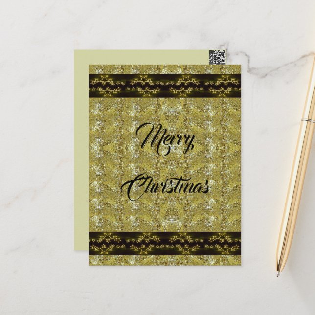 Gold glitter, black ribbon and stars, minimalist  postcard (Front/Back In Situ)