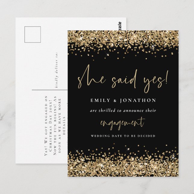 Gold Glitter Black She Said Yes Engagement Postcard (Front/Back)