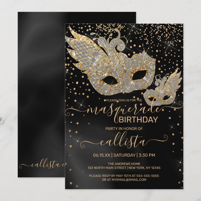 Gold Glitter Black Silk Masquerade Birthday Invita Invitation (Front/Back)
