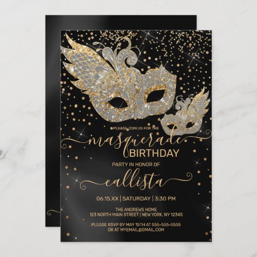 Gold Glitter Black Silk Masquerade Birthday Invita Invitation