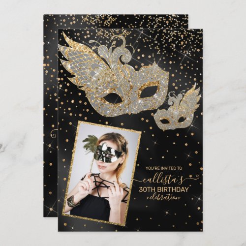 Gold Glitter Black Silk Masquerade Birthday Photo Invitation