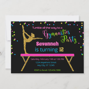 Gold Glitter Black Sparkle Gymnastics Birthday Invitation