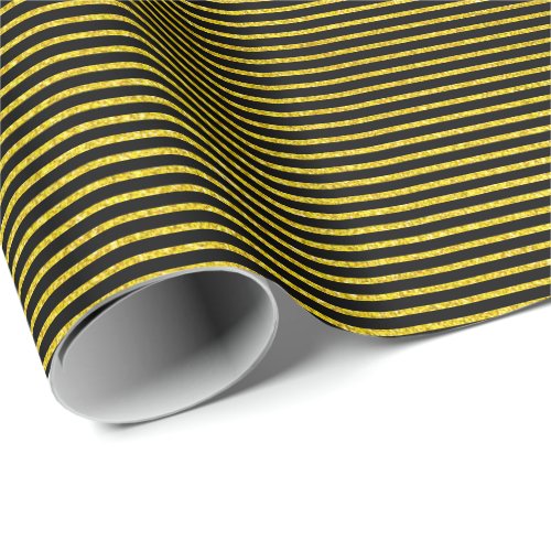 Gold Glitter Black Stripe Pattern Birthday Holiday Wrapping Paper