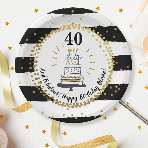 Gold Glitter Black Stripes Any Age Happy Birthday Paper Plates