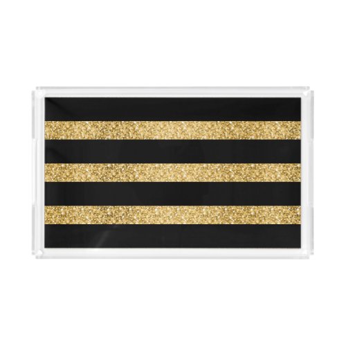 Gold Glitter Black Stripes Pattern Monogram Acrylic Tray