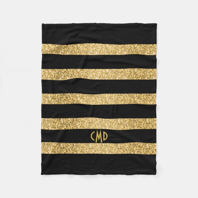 Gold Glitter Black Stripes Pattern Monogram Fleece Blanket (Front)