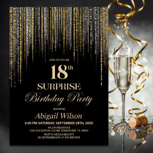 Gold Glitter Black Surprise 18th Birthday Party Invitation
