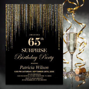 Gold Glitter Black Surprise 65th Birthday Party Invitation