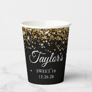 Gold Glitter Black Sweet 16 Paper Cups