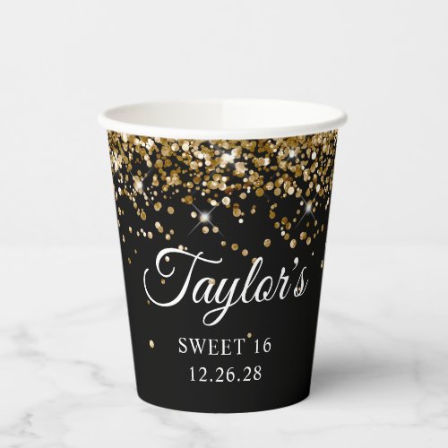 Gold Glitter Black Sweet 16 Paper Cups