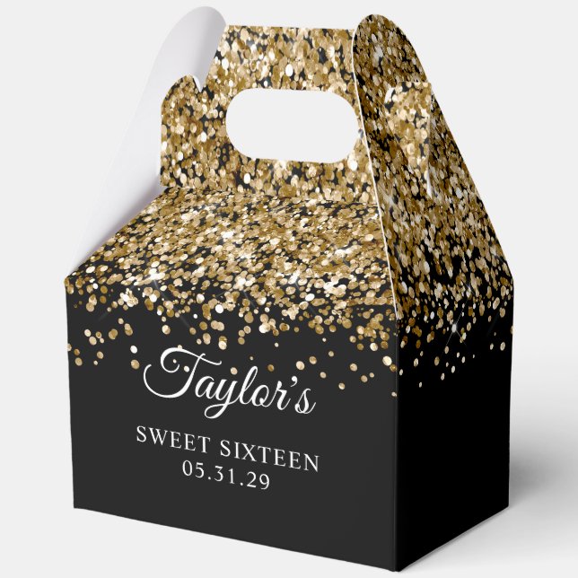 Gold Glitter Black Sweet Sixteen Favor Boxes (Front)