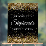 Gold Glitter Black Sweet Sixteen Welcome Acrylic Sign<br><div class="desc">Create your own 16th birthday party welcome 18x24 vertical acrylic sign for your daughter. Replace the sample image with your own family photo. Customize the modern elegant calligraphy with a modern all caps style font to create your own personalized sign. The background features a faux sparkly gold glitter with a...</div>