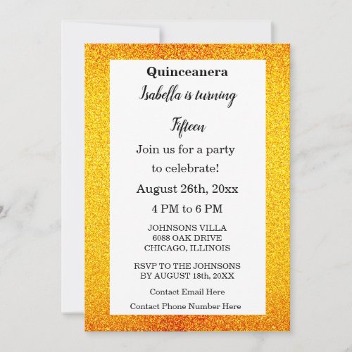  Gold Glitter Black Text Quinceanera 15th Birthday Invitation