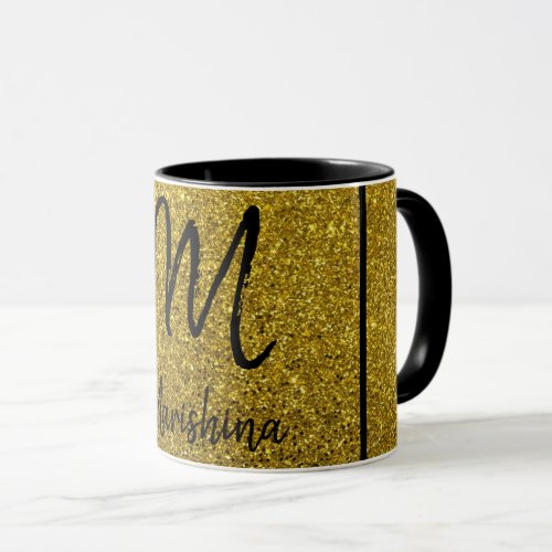 Gold Glitter Black Trim Custom Monogram Name Mug