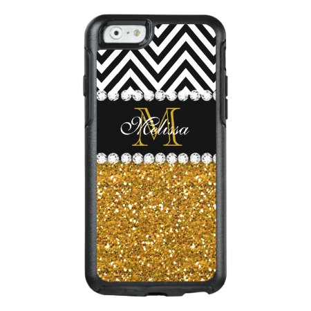 Gold Glitter Black White Chevron Monogrammed Otterbox Iphone 6/6s Case