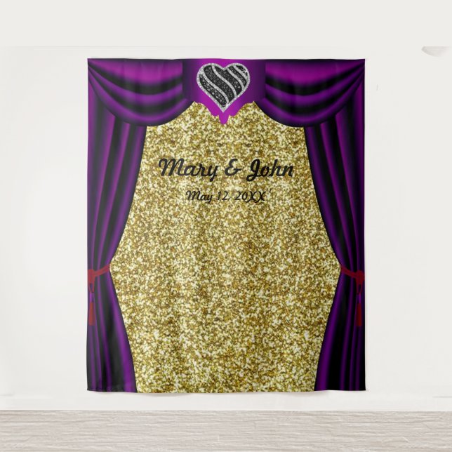 Gold Glitter Black & White Heart Purple Curtain Tapestry (Front)