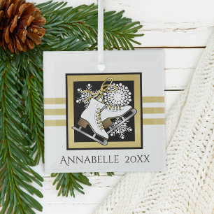 Gold Glitter Black White Ice Skating Glass Ornament