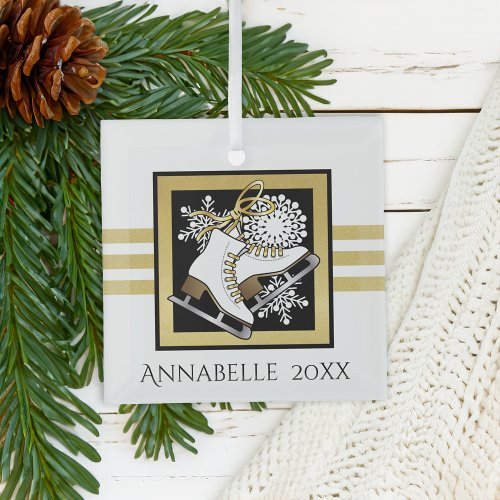 Gold Glitter Black White Ice Skating Glass Ornament