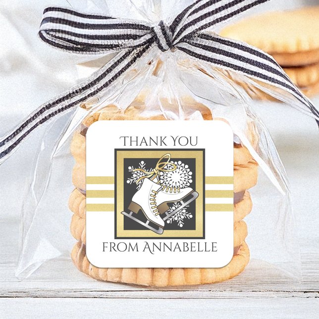 Gold Glitter Black White Ice Skating Party Favor Square Sticker (Creator Uploaded)